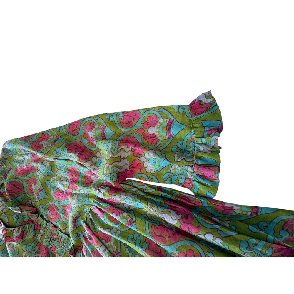 Bella Tu Women XL Green Pink Block Print Ruffle Dress Side Zip Pockets - Picture 7 of 14
